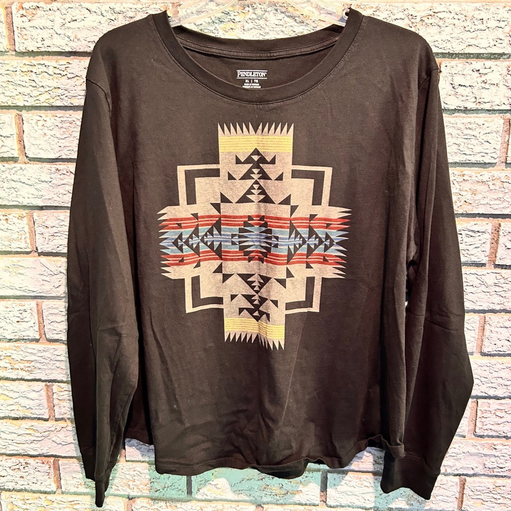 Pendleton Mens‎ XL Black Long Sleeve Graphic T-Shirt Southwestern Geometric